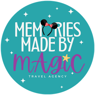 Turquoise circle logo reading “Memories Made by Magic” with Minnie ears and “Travel Agency” text