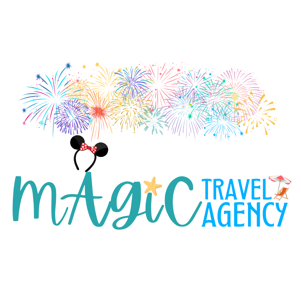 Magic Travel Agency logo with colorful fireworks and Mickey-style balloons above blue text