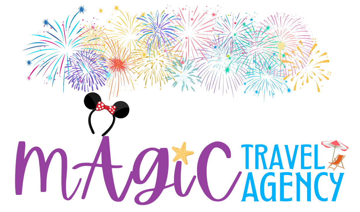 Magic Travel Agency logo with colorful fireworks and Mickey-style ears above purple and blue text