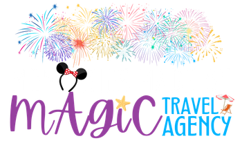 Magic Travel Agency logo with colorful fireworks and Mickey-style ears above purple and blue text