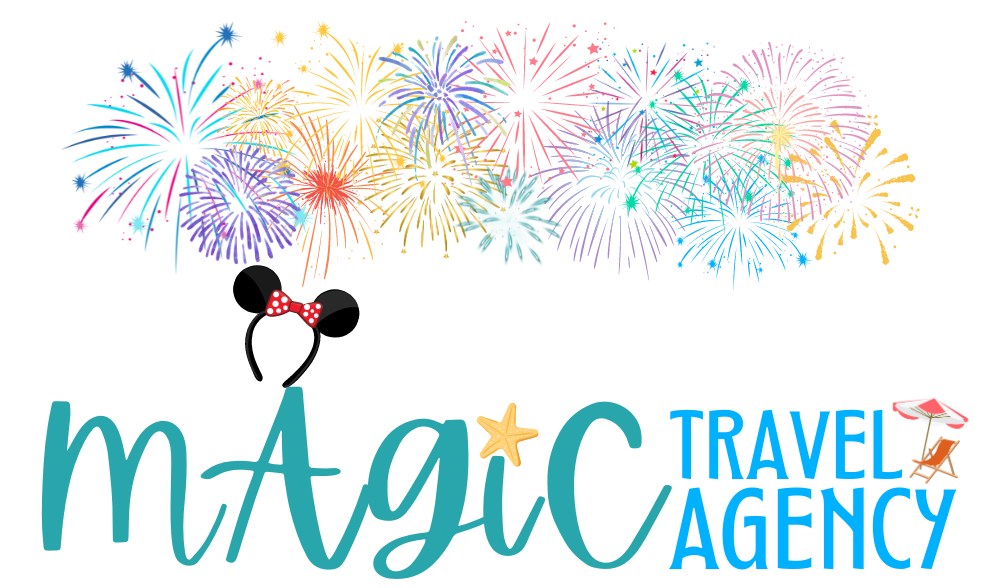 Colorful fireworks over a “Magic Travel Agency” logo with Mickey-style ears and a star