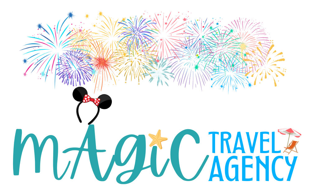 Magic Travel Agency logo with teal text, Mickey ears, and colorful fireworks above