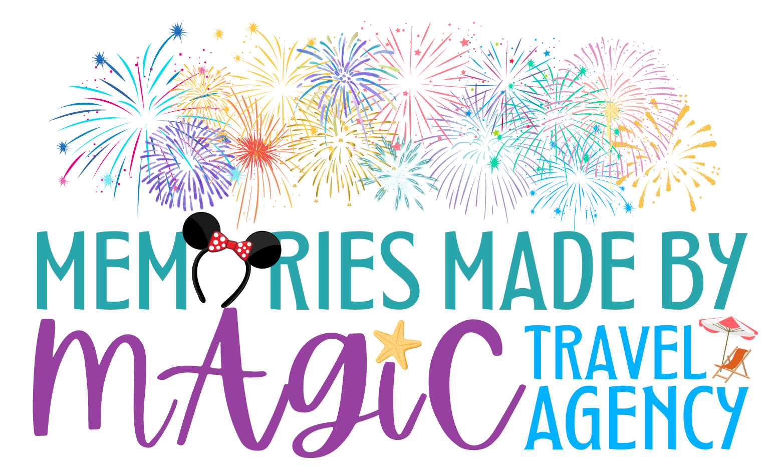 Colorful fireworks above “Memories Made by Magic Travel Agency” text with Mickey ears
