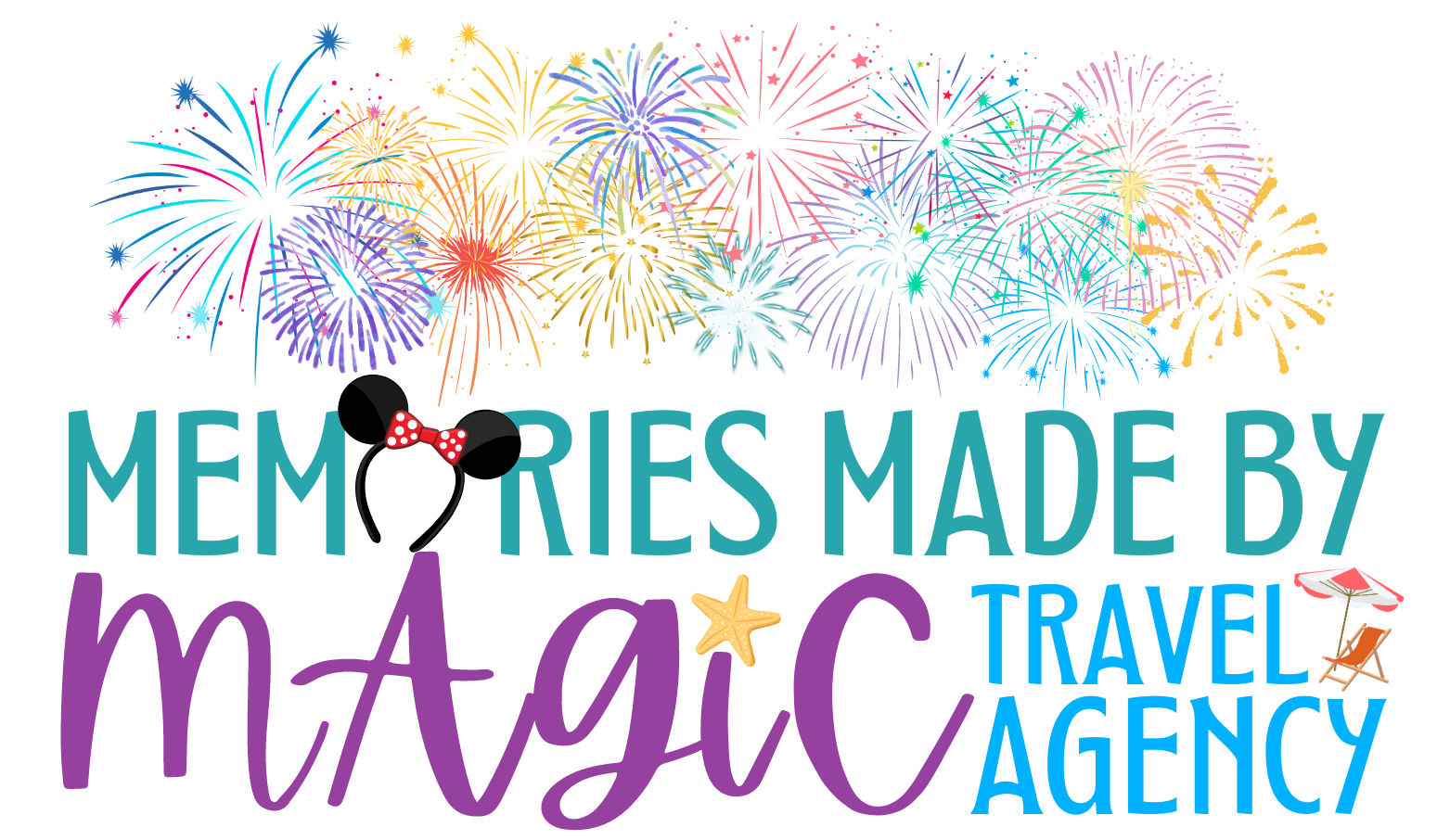 Colorful fireworks over “Memories Made by Magic Travel Agency” text with Mickey ears and star accents