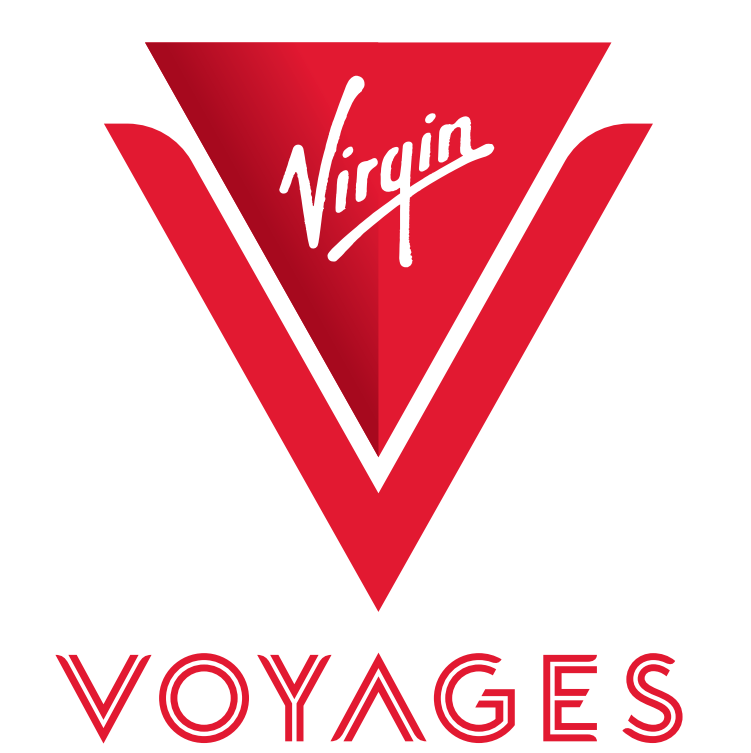 Virgin Voyages logo with red triangular Virgin emblem and red “VOYAGES” text underneath