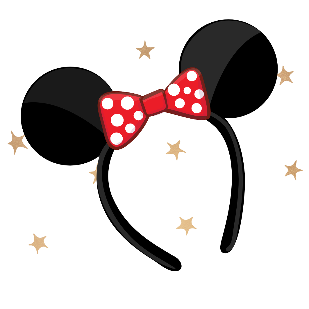 Black Minnie Mouse ears headband with red polka dot bow and gold stars