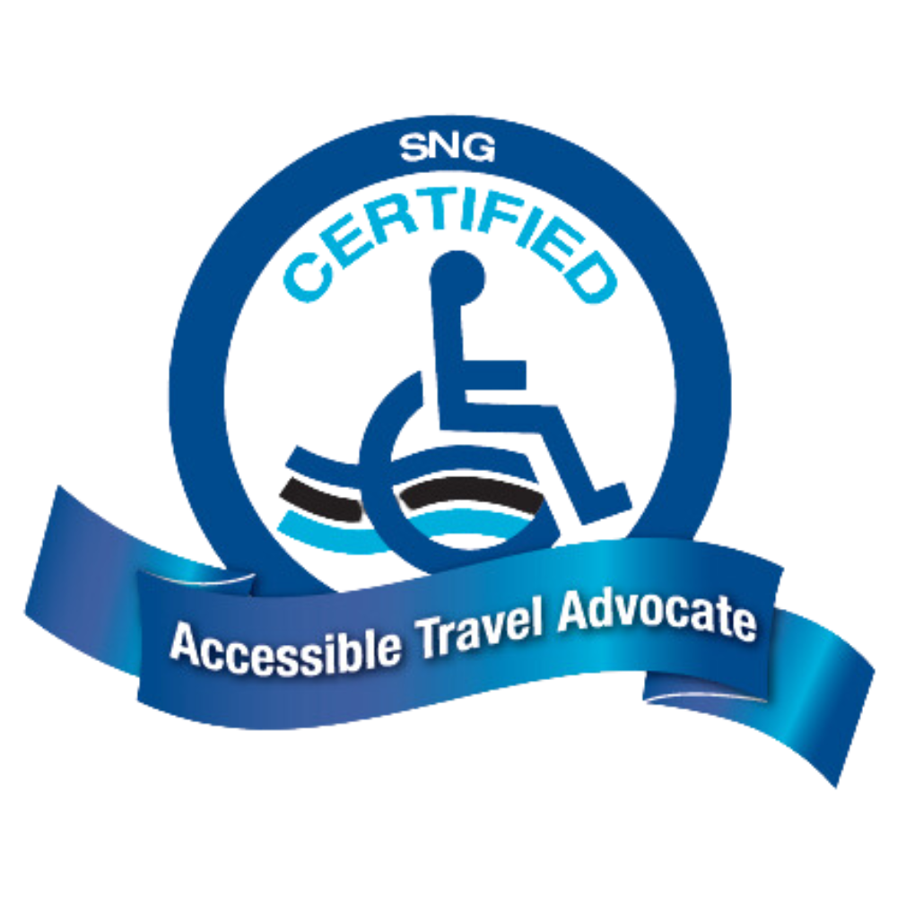 SNG certified accessible travel advocate logo with wheelchair symbol and blue ribbon