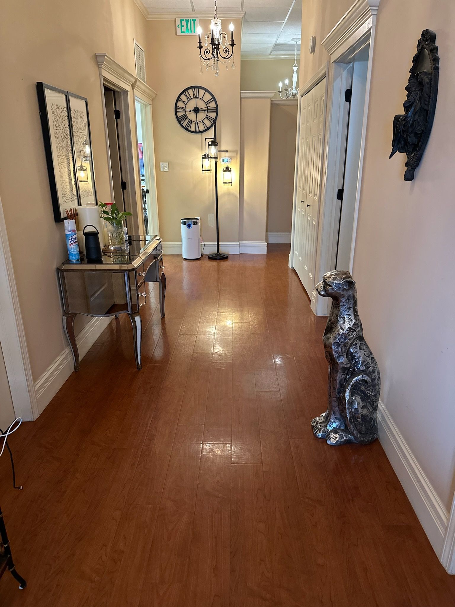 A hallway with wood-look floors, featuring a mirrored console table on the left, a tall clock, and a leopard statue.