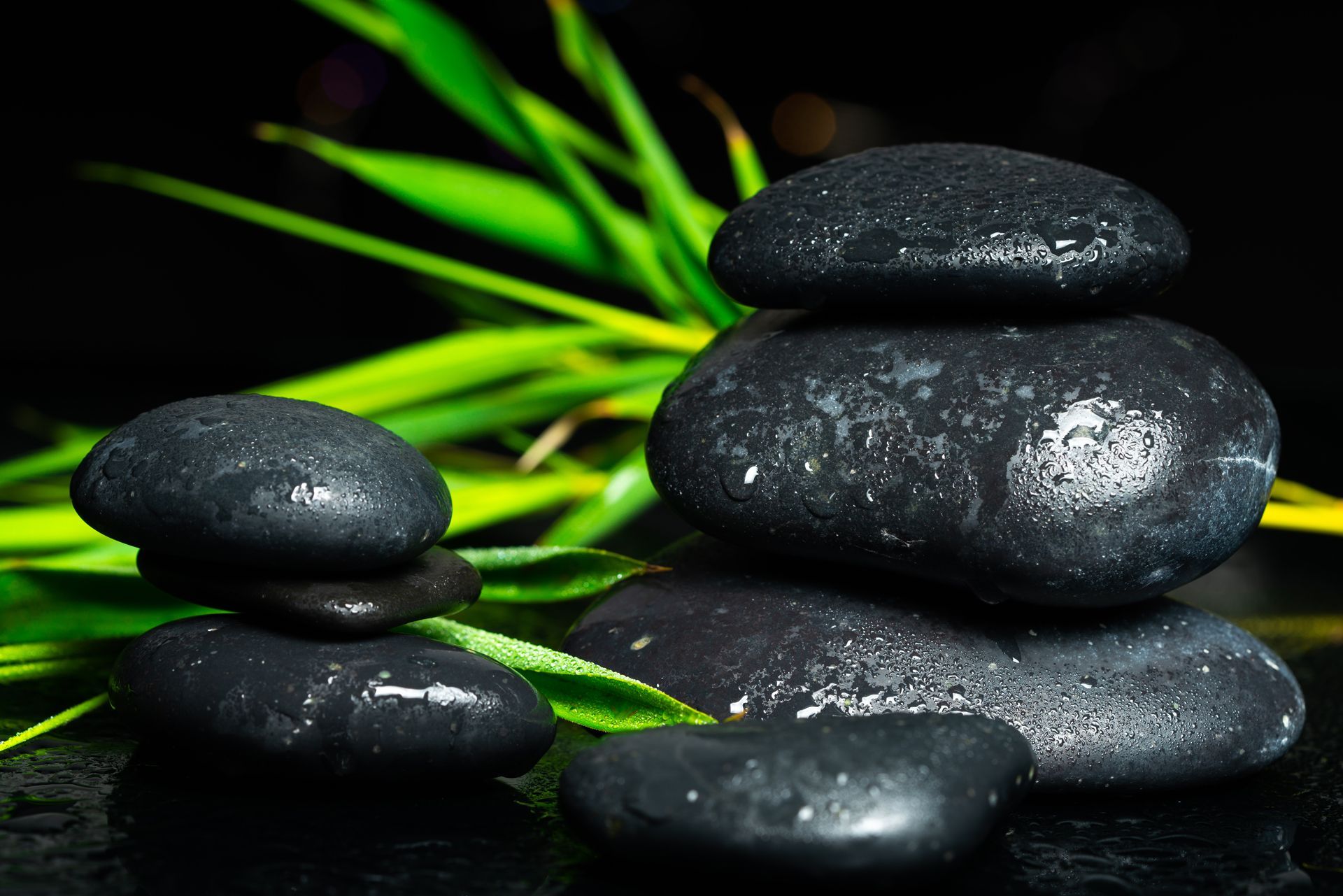 A stack of smooth, wet black stones sits beside a smaller pile of stones, set against a backdrop of bright green leaves.