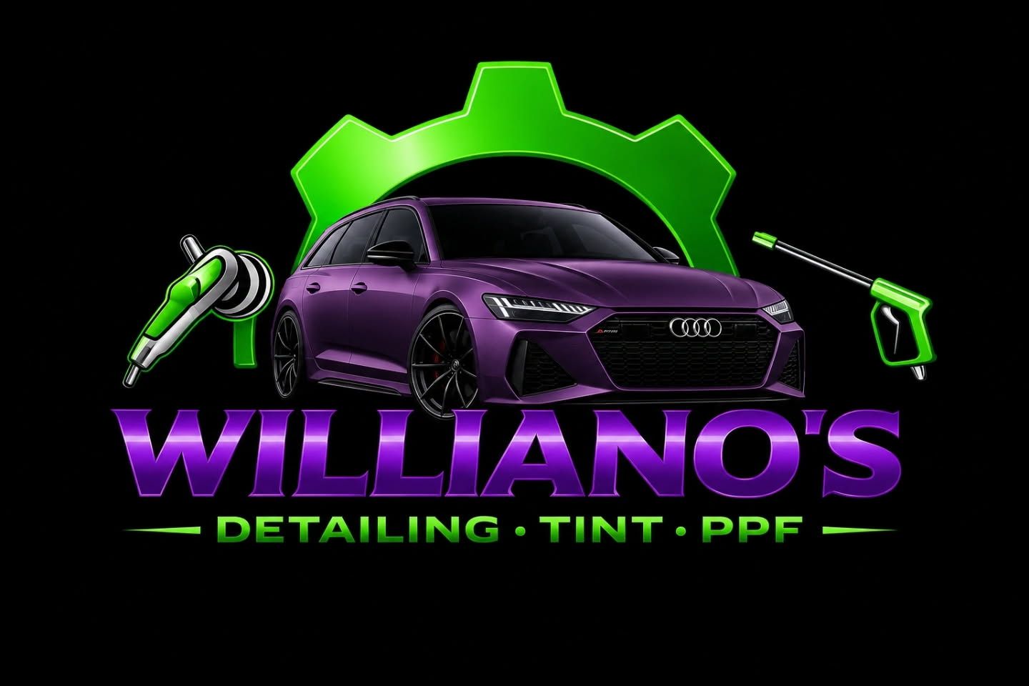 Williano’s Detailing Tint PPF logo with purple car and green gear icon