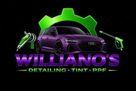 Williano’s Detailing Tint PPF logo with purple car and green gear icon