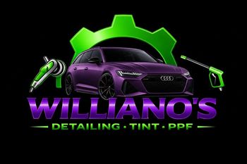 Williano’s Detailing Tint PPF logo with purple car and green gear icon