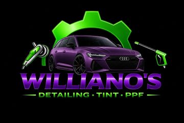 Williano’s Detailing Tint PPF logo with purple car and green gear icon