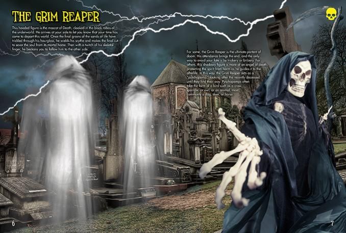 a grim reaper is standing in front of a cemetery with ghosts .