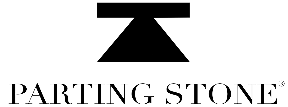 a black and white logo for parting stone with a triangle in the middle .
