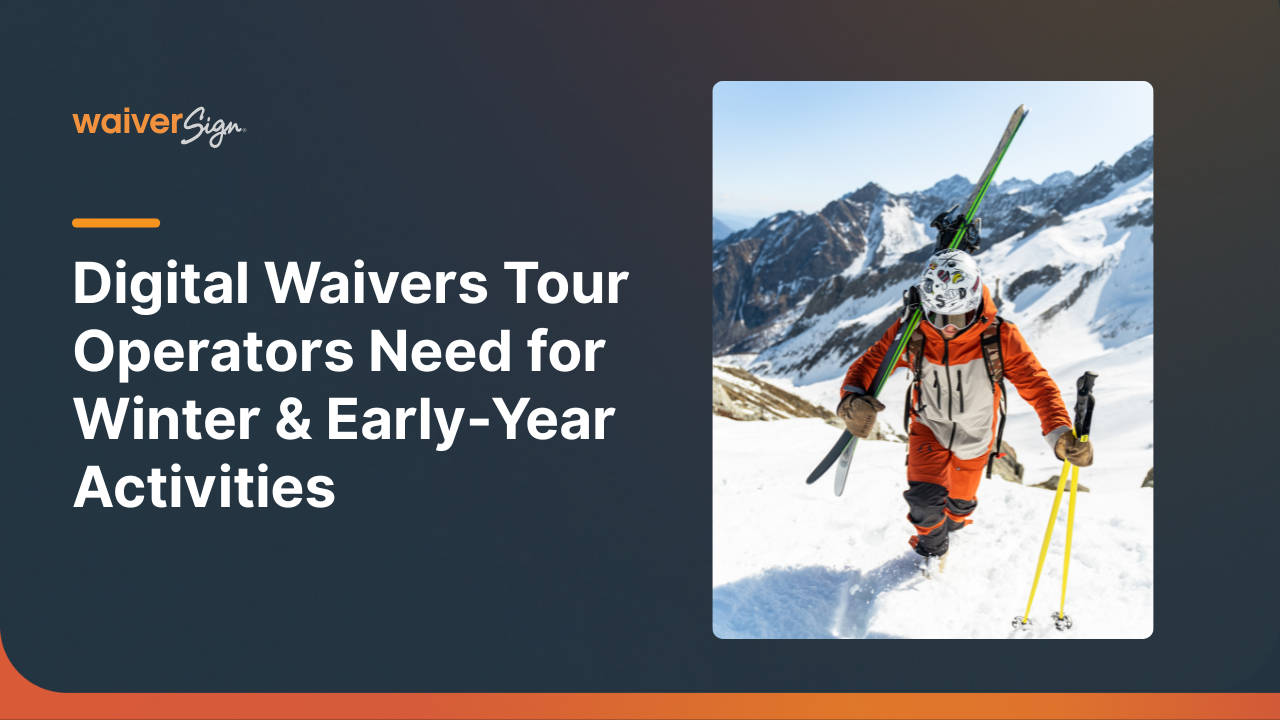 Man hiking snowy mountains with skis, likely for winter tour activities; digital waivers topic.