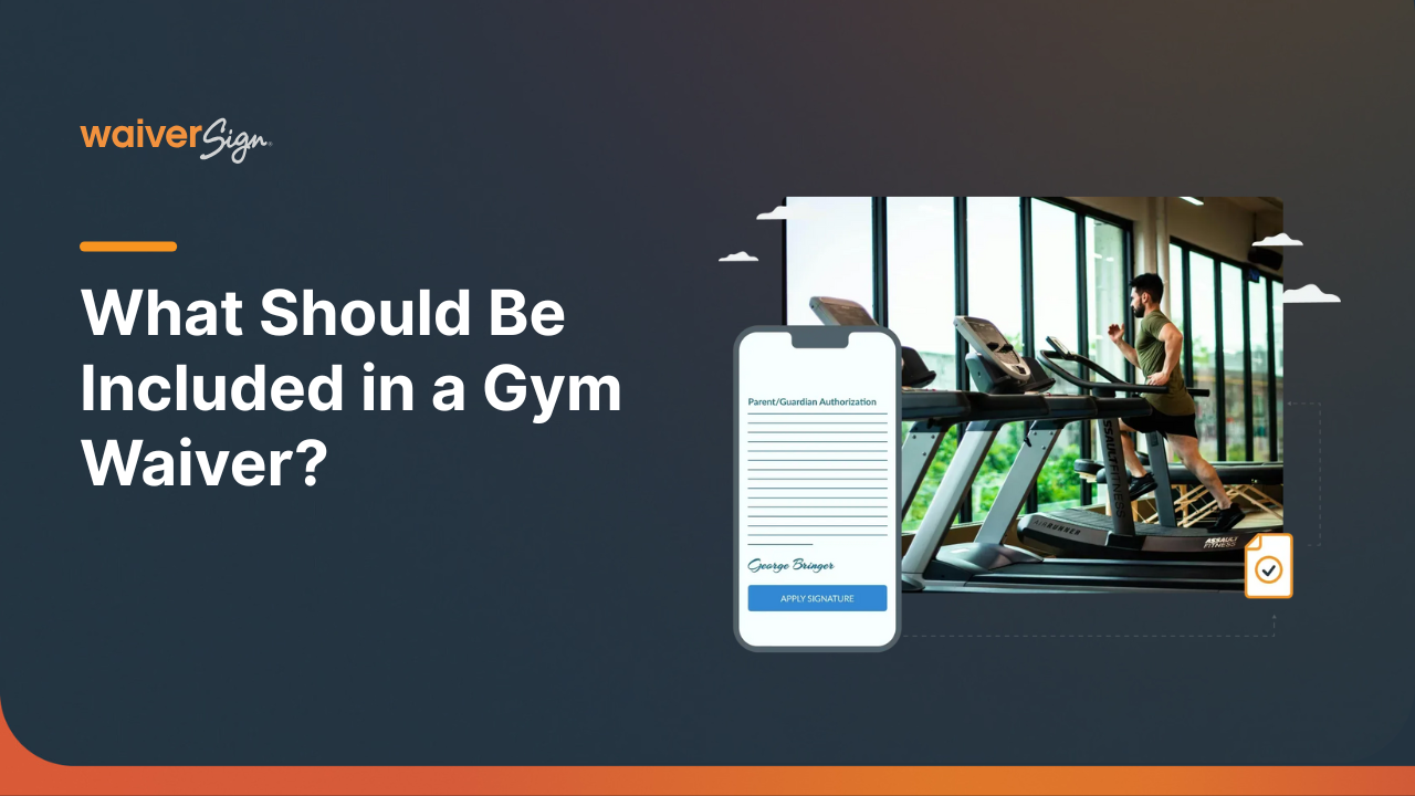 Gym waiver guide. Man on treadmill, phone with waiver form, dark background.