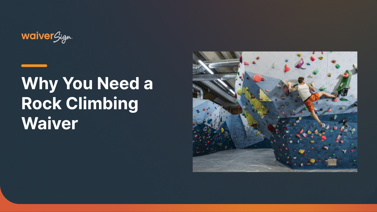 Presentation about rock climbing waivers. Climbers in a colorful indoor climbing gym, dark background.