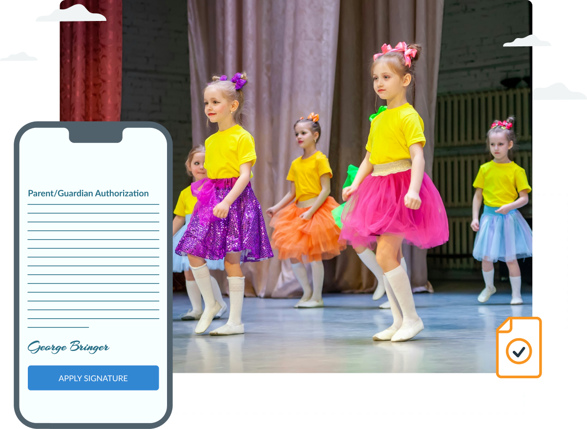 Children in colorful costumes dance on stage, mobile phone with a signup form.