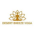 A logo for desert breeze yoga with a lotus flower and a person in a lotus position.