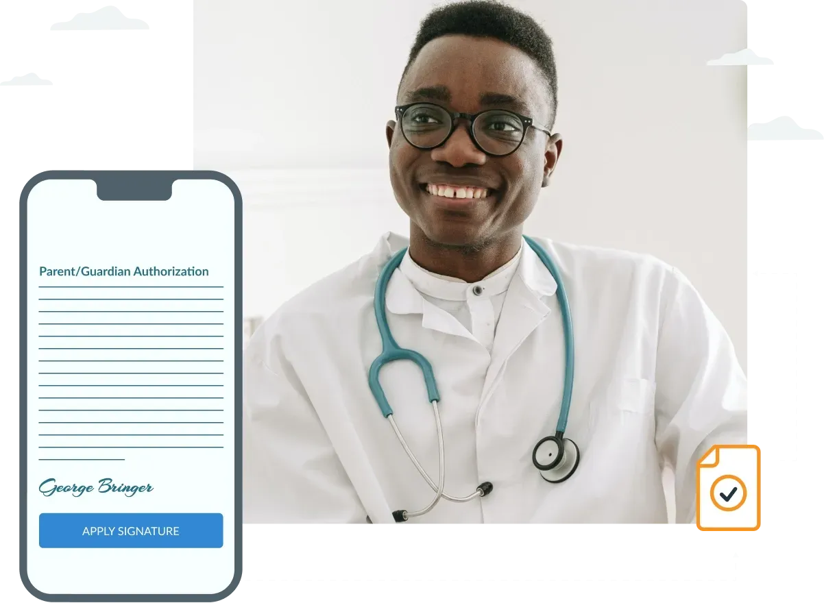 A doctor with a stethoscope around his neck is smiling next to a cell phone.