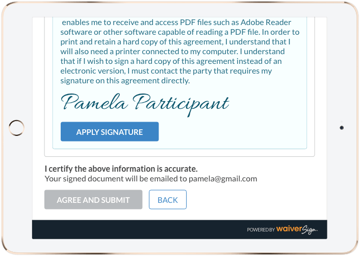 A tablet with a signature of pamela participant on it