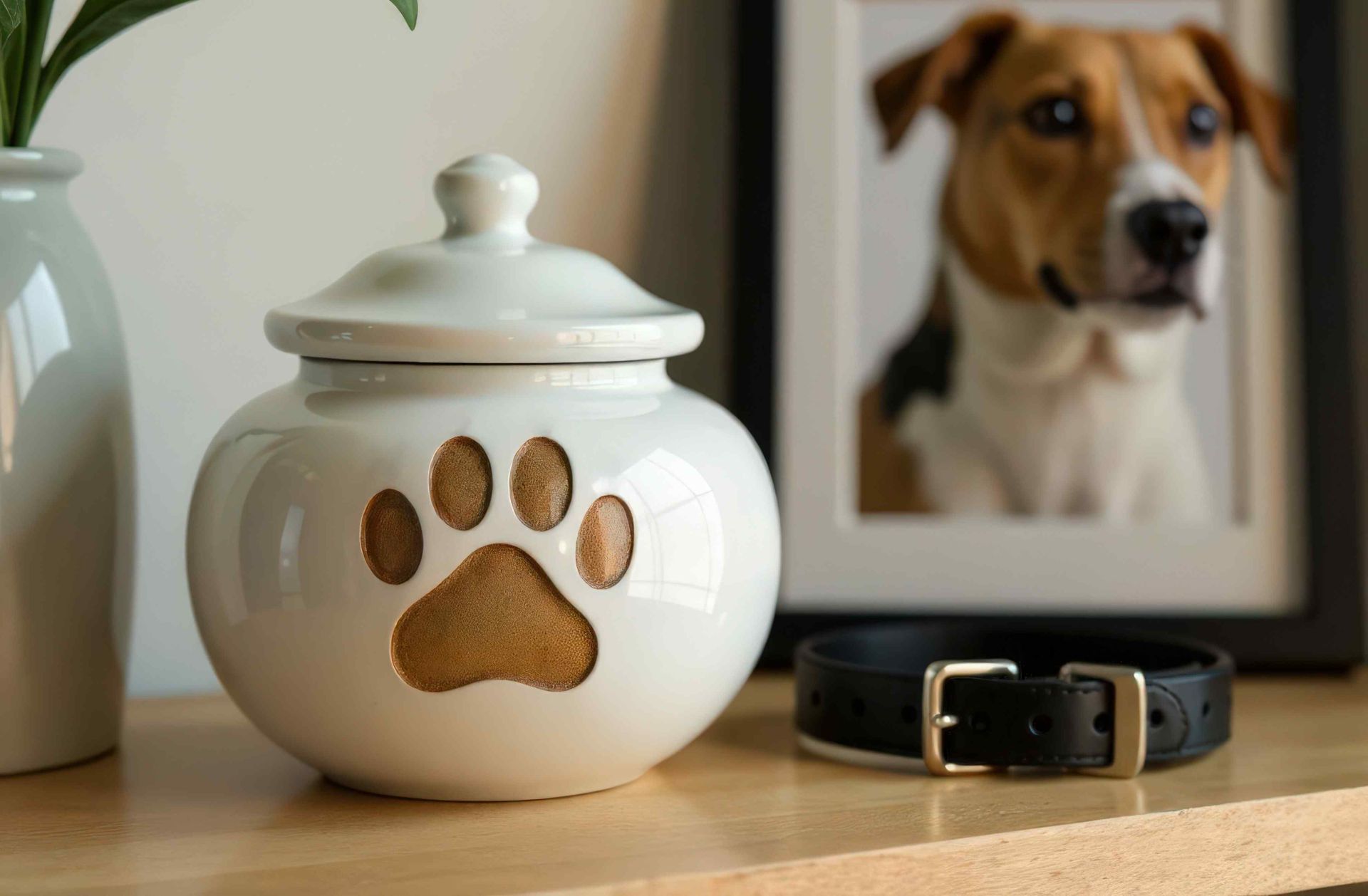 A jar with a paw print on it is sitting on a table next to a picture of a dog.