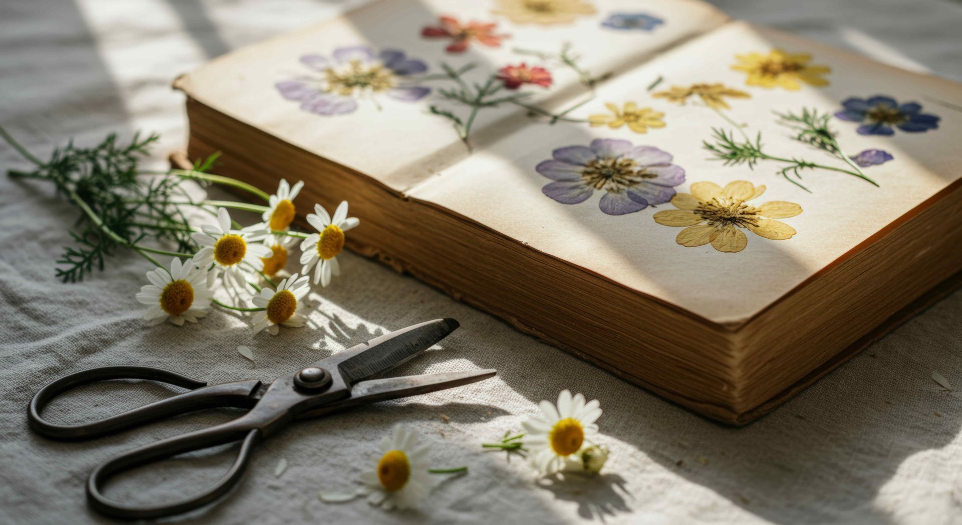 A pair of scissors sitting on top of an open book with flowers on it.