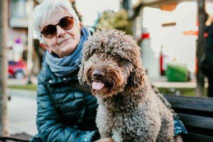 A woman is sitting on a bench with a dog.