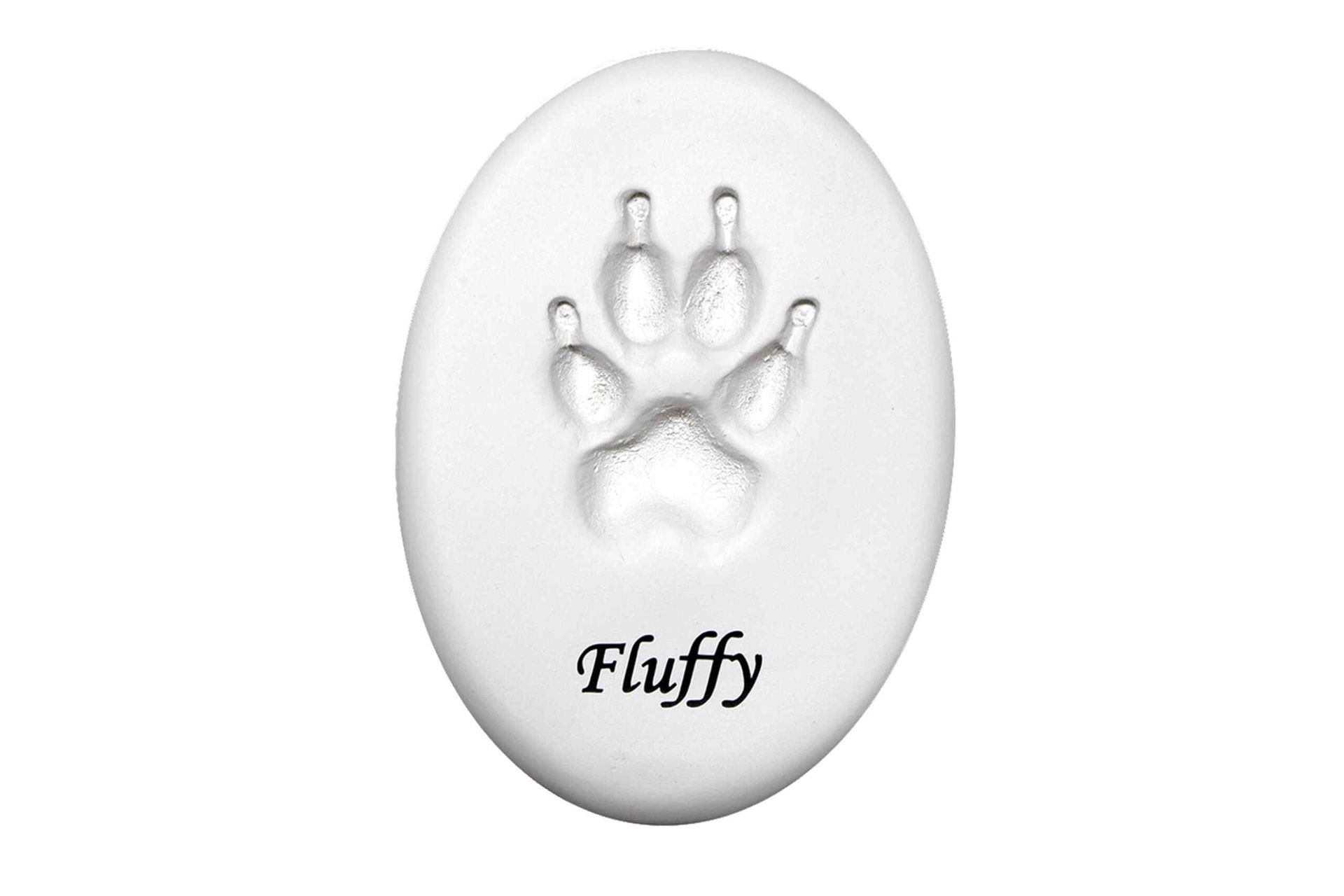 A white circle with a paw print and the word fluffy on it.