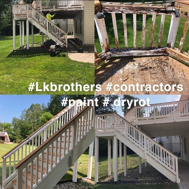 Before-and-after of a raised deck staircase repair and repainting on a house exterior