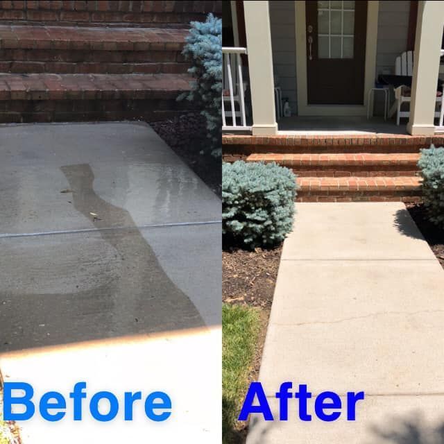 Before-and-after of a concrete walkway cleaned from dark stains to a bright, clean surface.