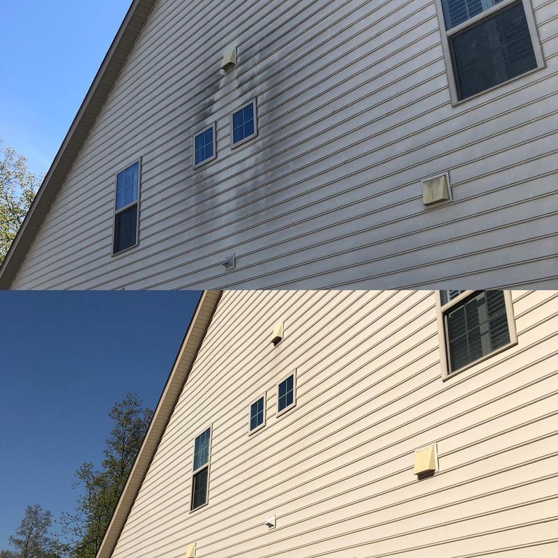 Side-by-side view of a beige house exterior with windows under blue sky, showing color difference in lighting