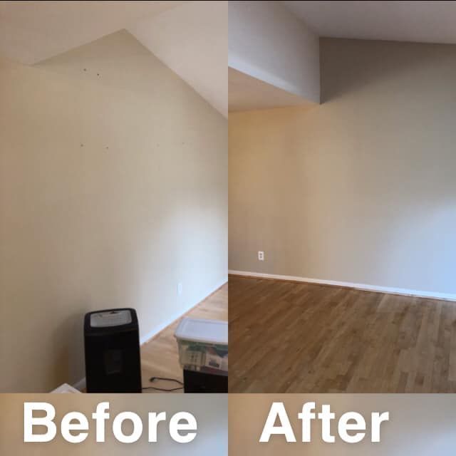 Split view of an empty room before and after cleanup, showing tan walls and wood flooring.