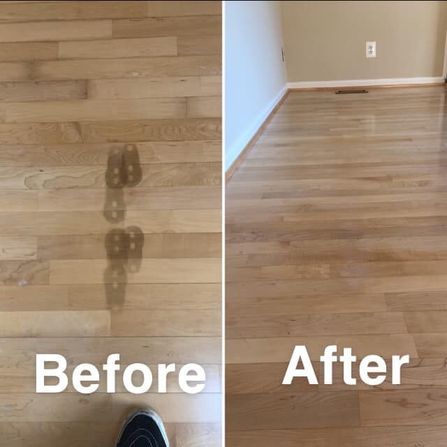 Before-and-after of a hardwood floor, showing a dark stain removed to reveal clean wood.