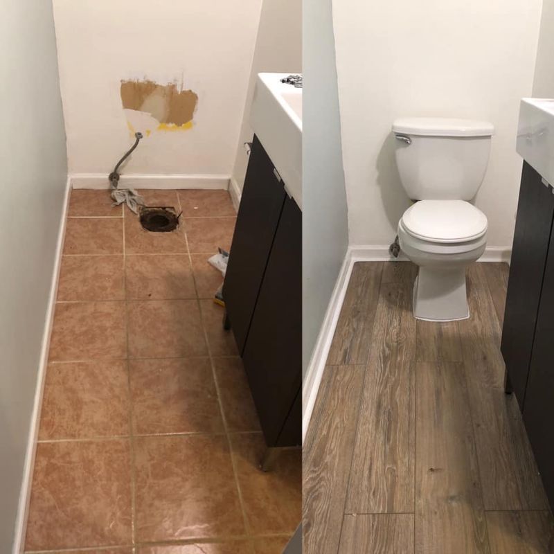 Before-and-after bathroom floor with a repaired hole and a toilet next to a dark vanity.