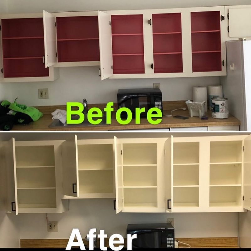 Before-and-after of kitchen cabinets: red upper cabinets changed to beige and white.
