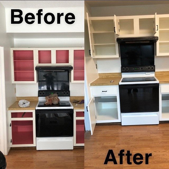 Kitchen cabinet makeover: before with red cabinet doors, after with beige open shelves and black stove.