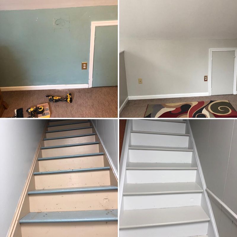 Room renovation progress: teal wall painted white, and a staircase shown before and after painting.
