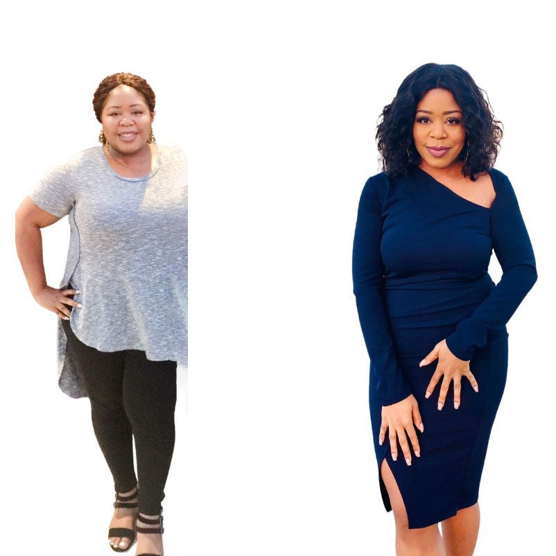 A before and after photo of a woman in a blue dress
