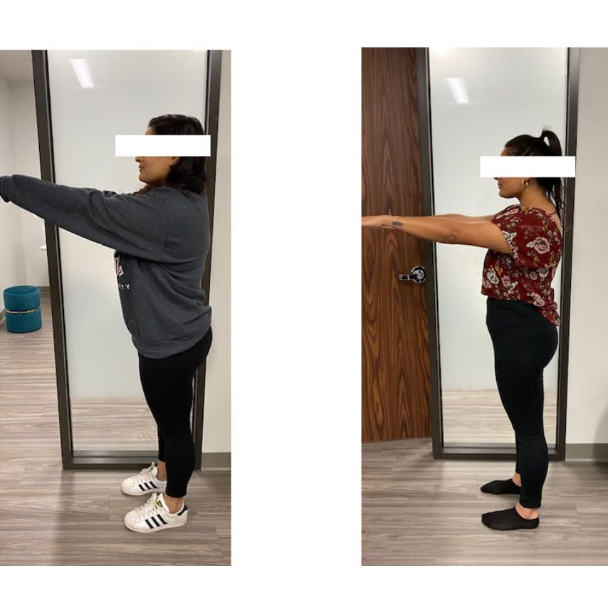 Two pictures of a woman standing in front of a door.
