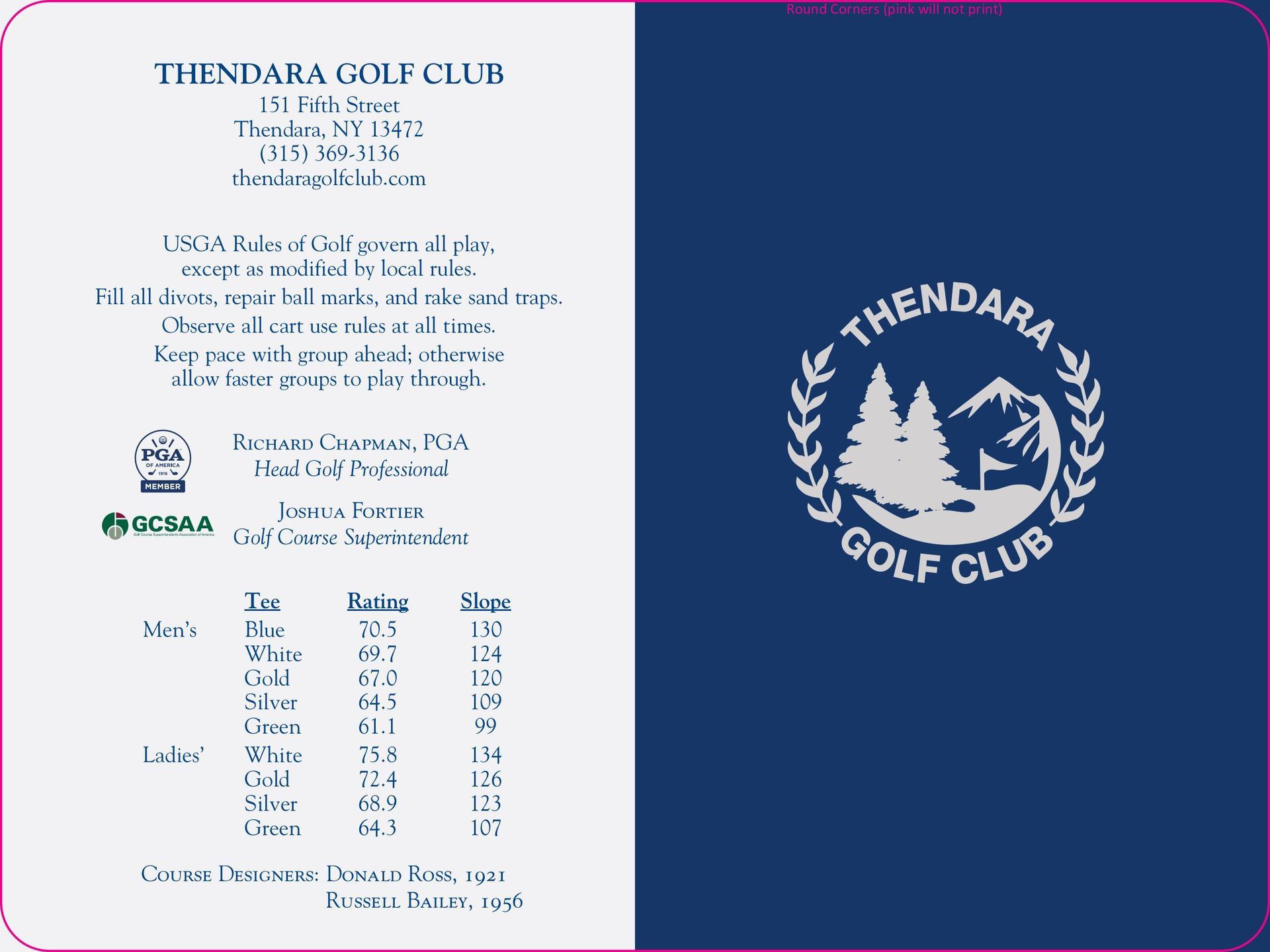 Golf course scorecard showing par, distance, and handicap for 18 holes across multiple tee colors, plus course ratings.