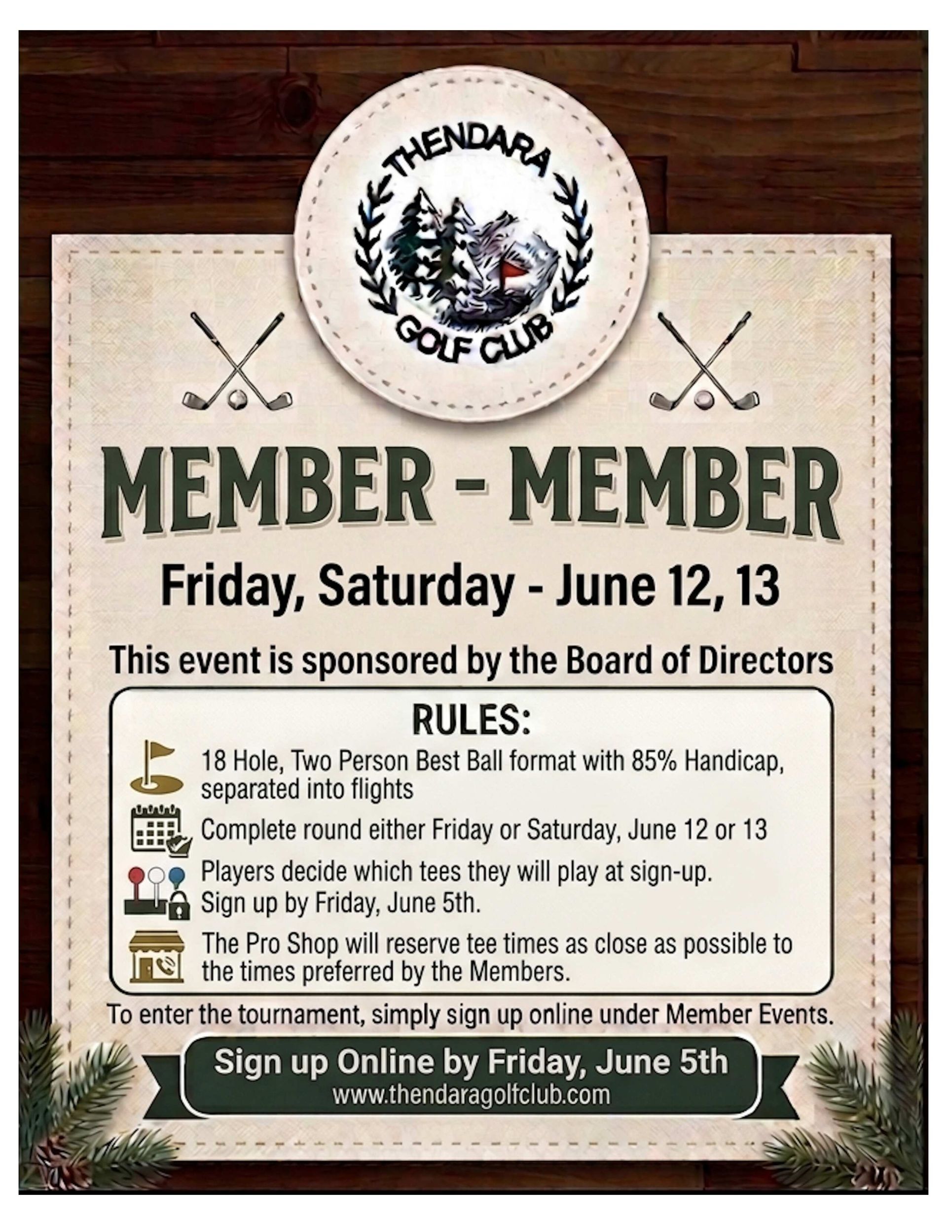Vintage golf club “Member-Member” event poster with rules and sign-up details on a wood background