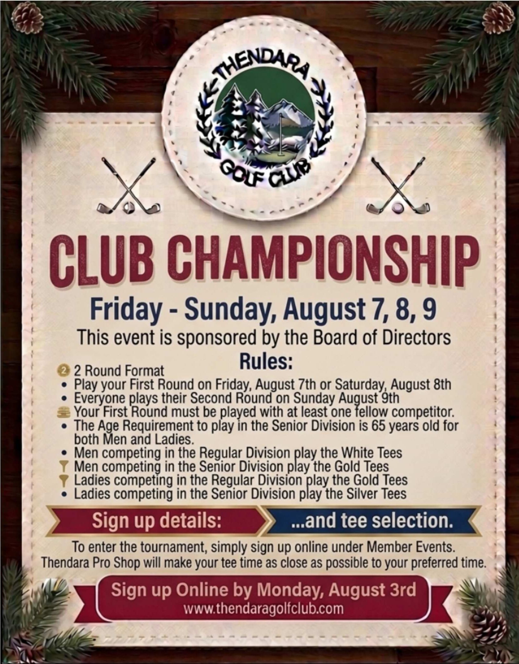 Golf club championship poster with rules and signup details, dark green and beige with red accents