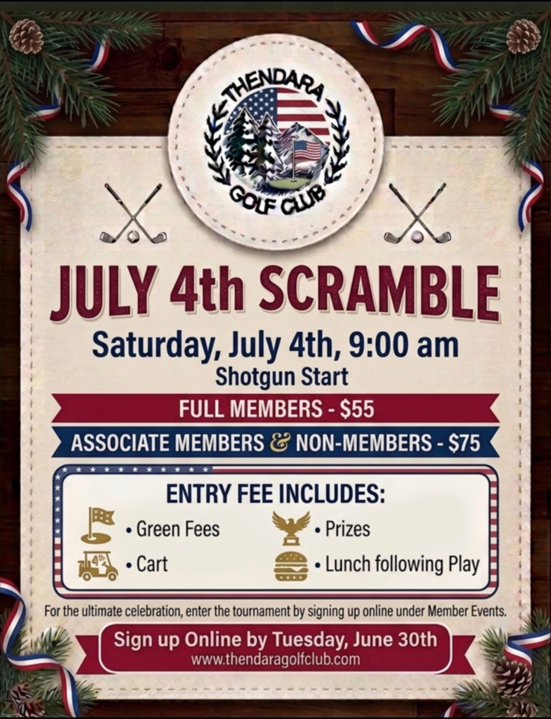 July 4th Scramble golf event flyer, maroon and cream, at Hendricks Golf Club with fees and entry details.