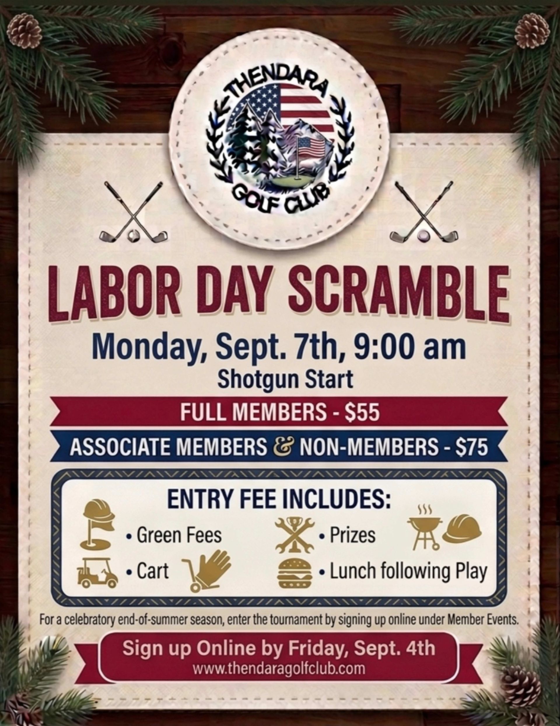 Labord Day Scramble golf club flyer, Monday Sept. 7, 9:00 am, $55 full members, entry fee details