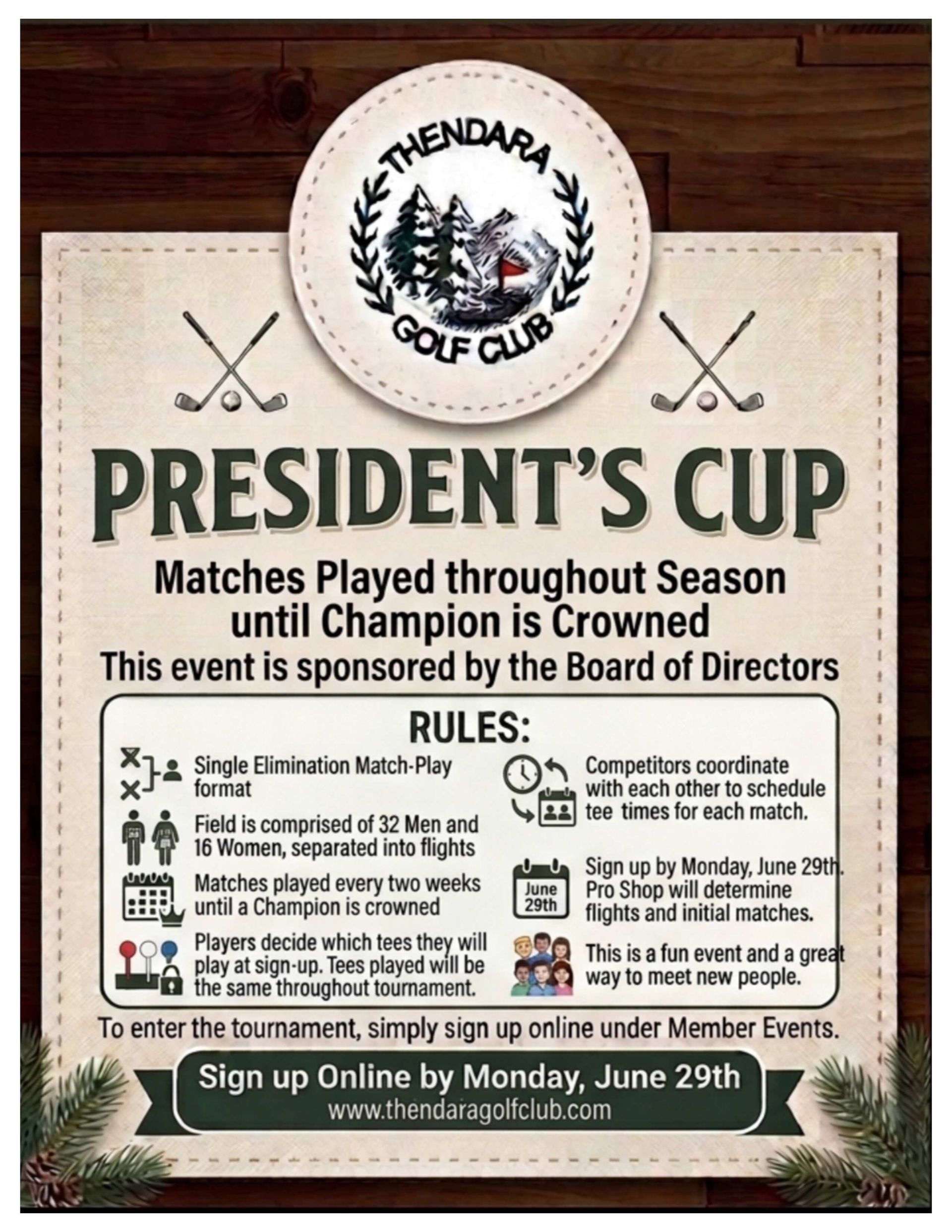 President’s Cup golf club event flyer with rules, dates, and signup deadline on a wood background