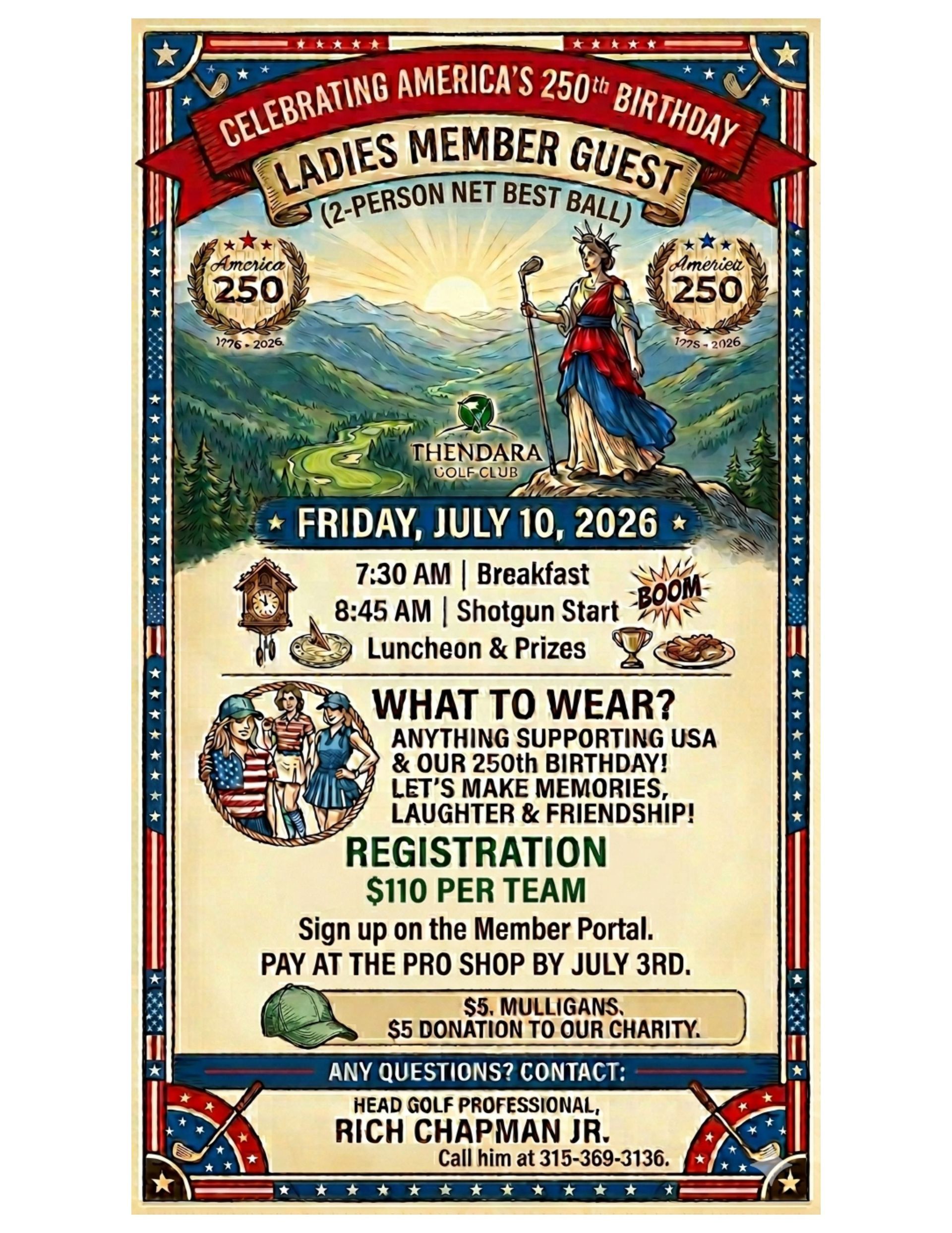 American flags and a mountain scene promote the 2026 Ladies Member Guest golf event.