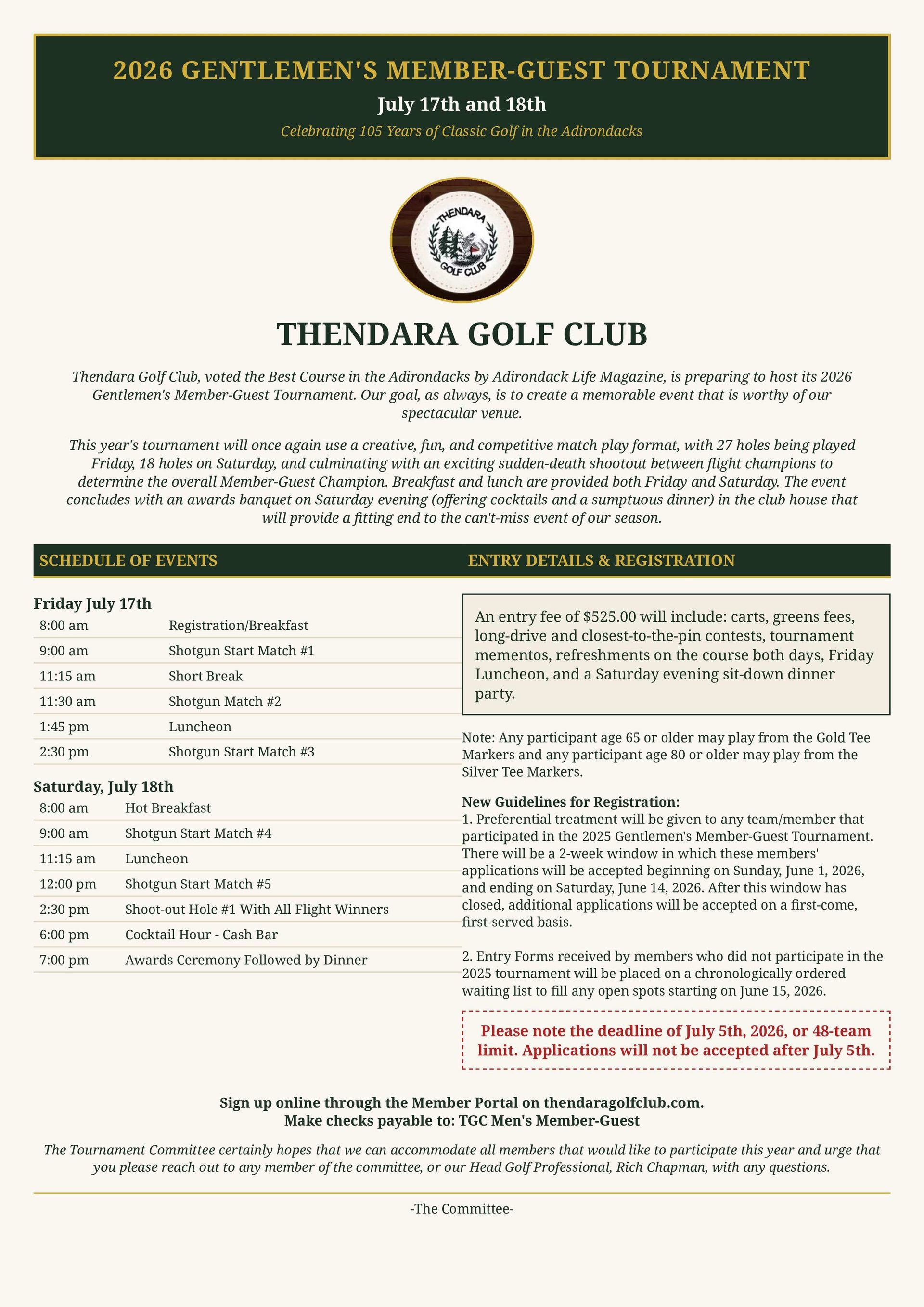 Temadar Golf Club event flyer with green header, club logo, and schedule details