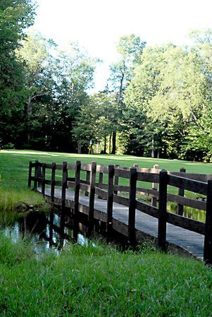 A dark wooden footbridge crosses a narrow creek in a lush, tree-filled grassy park.
